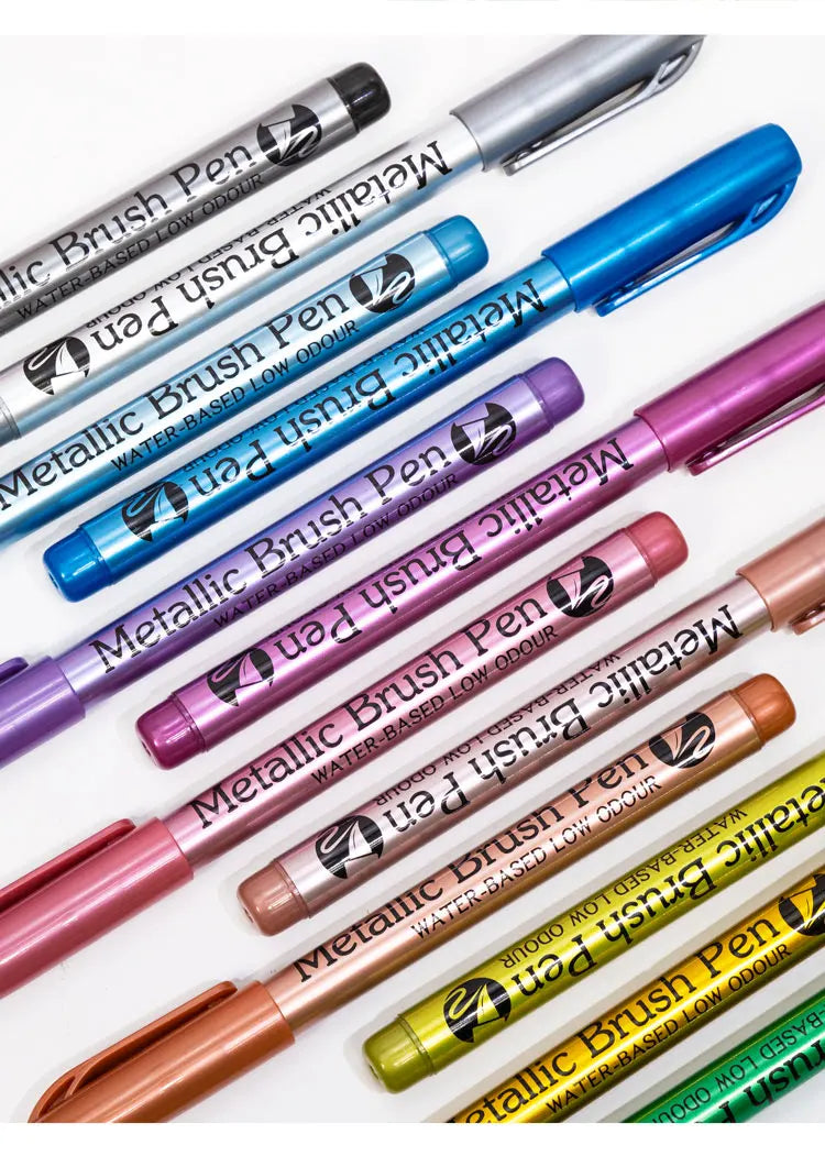 12 Colors Brush Metallic Paint Markers Pens for Rock Painting Stone Ceramic Wood Fabric Pebbles Scrapbook Journals Photo Albums