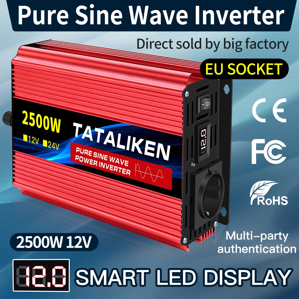 Inverter Pure Sine Wave  2500W/3500W/4500W/5000WDC 12V/24V to AC 220V 230V Voltage Transfer Converter Charging Adapter EU Socket - Shoppiline