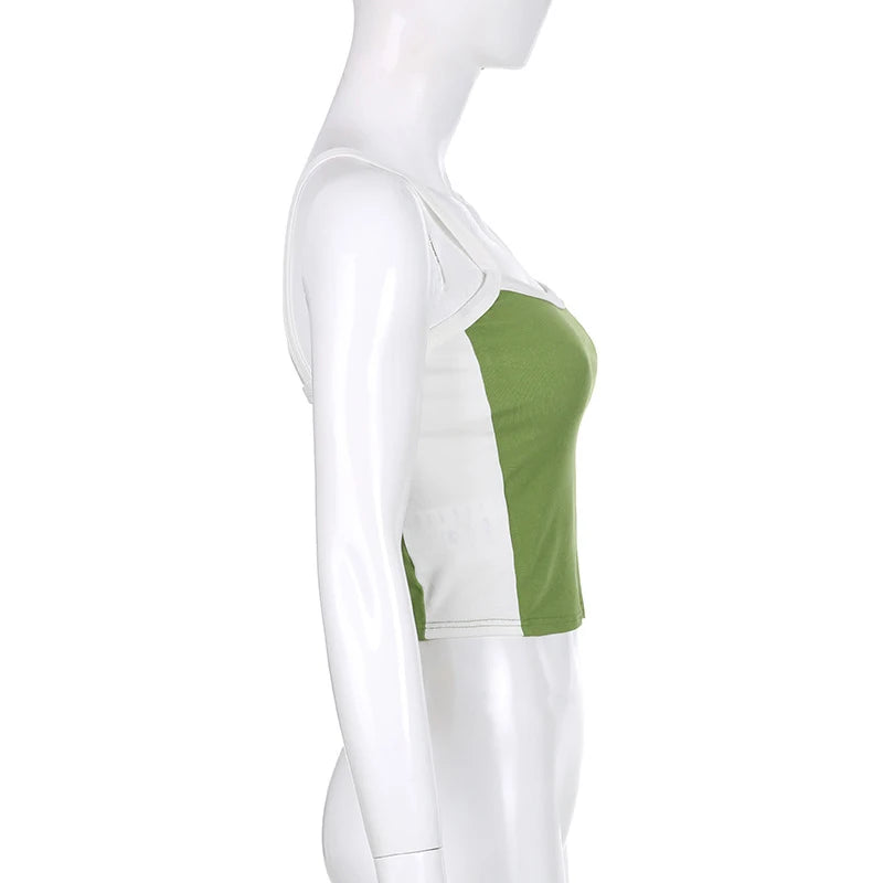 Débardeurs courts en maille sans manches Vert Sexy Basique Patchwork Été 2023 Casual Cami Dos nu Y2k Vintage Débardeur Femme