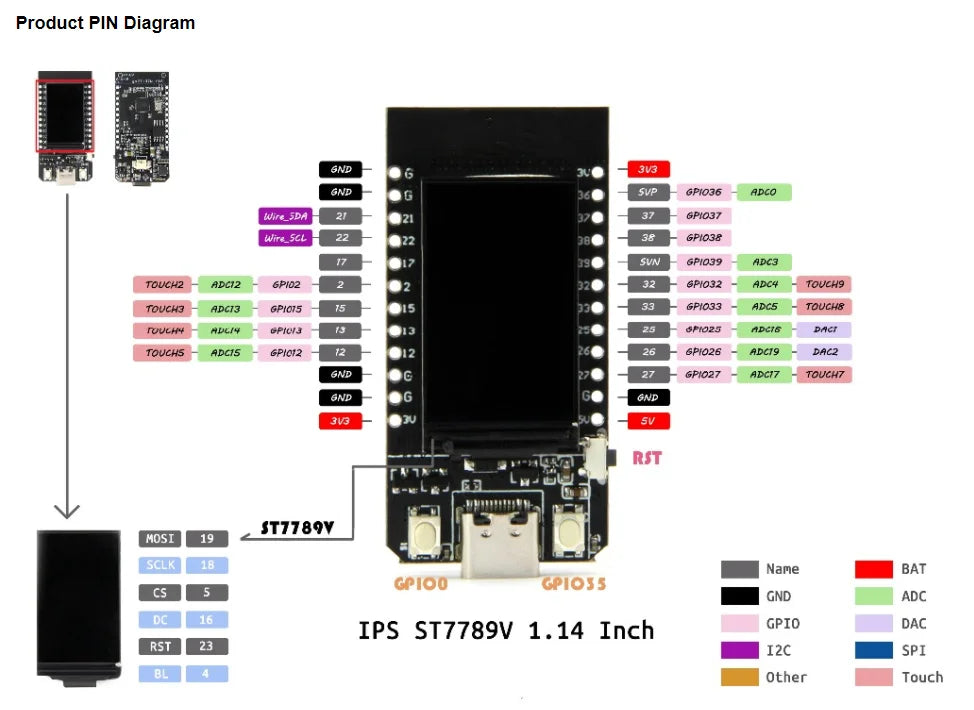 TENSTAR T-Display ESP32-D0WD Puce CH9102 Module compatible WiFi et Bluetooth de 16 Mo Carte de développement Écran LCD 1,14 pouce