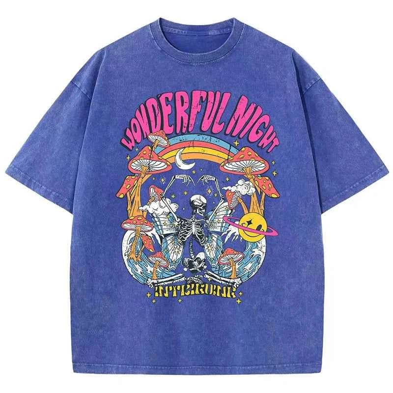 Wonderful Night Skeleton Butterfly Wave Print Womens T-Shirts Fashion Oversized Tops Street Comfortable Clothing Loose Wash Tee