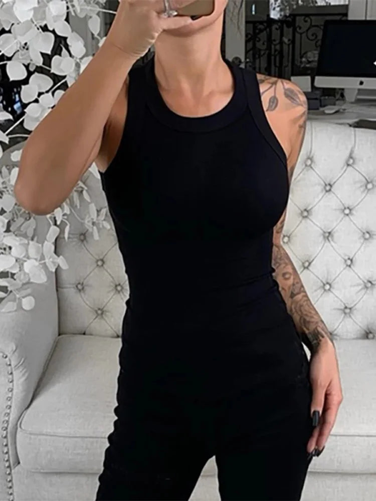 Débardeur côtelé uni à col rond pour femme - Camisole élastique basique d'été - Débardeur uni à col rond