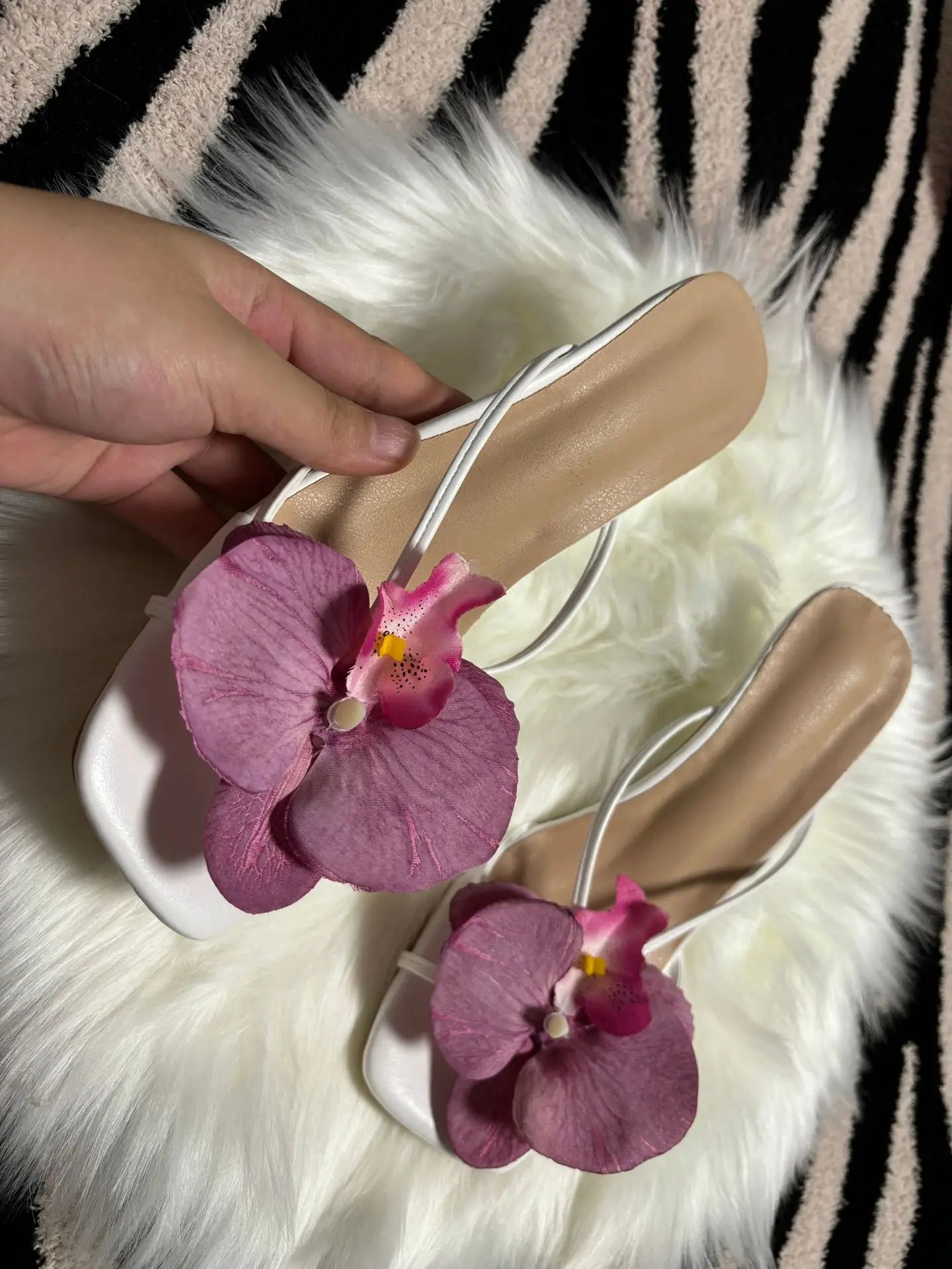 Orchid Flower Summer New High Heeled Women White Pink Blue Purple Floral Heels Square Toe Prom Slipper Slingback Shoes for Women