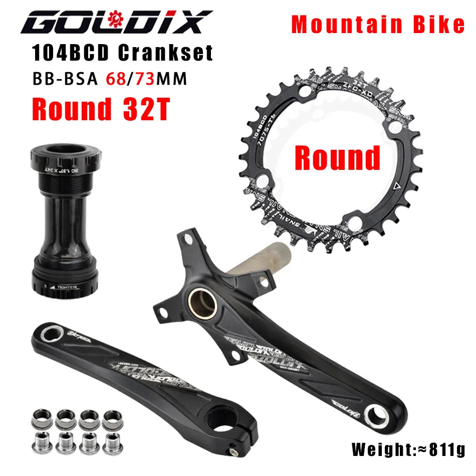 GOLDIX Bicycle Crank Chainring 104BCD MTB Bike Crank Aluminum Alloy with Bottom 170mm Crank Black 32T 34T 36T 38T Plate