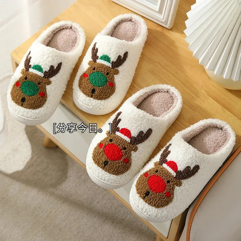 Weihnachten Elch Baumwollhausschuhe für Damen Herren Winter Süße Cartoon Zuhause Rutschfeste Paar Bodenhausschuhe Indoor Plüschschuhe 20