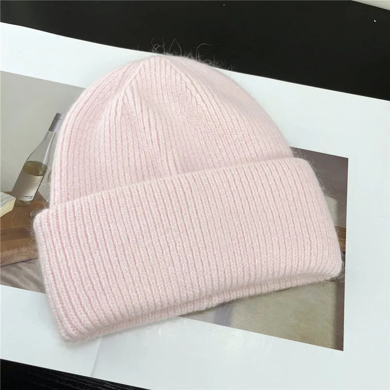 Bonnets d'hiver pour femmes en fourrure de lapin tricotés, bonnets épais à revers, bonnets amples et doux pour le ski.