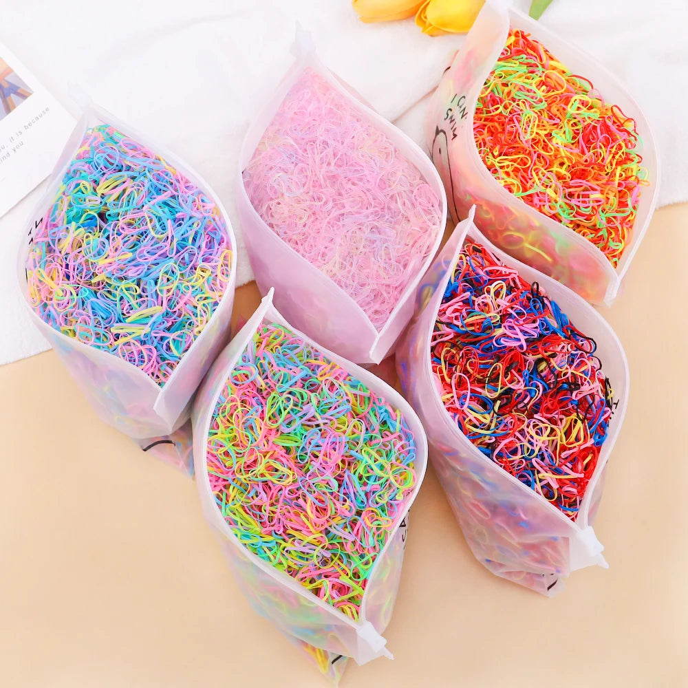 500/1000/2000 pièces élastiques en caoutchouc colorés jetables pour filles, serre-tête, attaches de queue de cheval, accessoires capillaires pour enfants