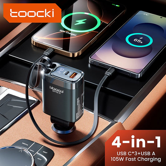 Toocki 4 IN 1 Retractable Car Charger 105W Mobile Phone Charger Type C Cable For iPhone 16 15 Fast Charge Cord Cigarette Adapter - Shoppiline