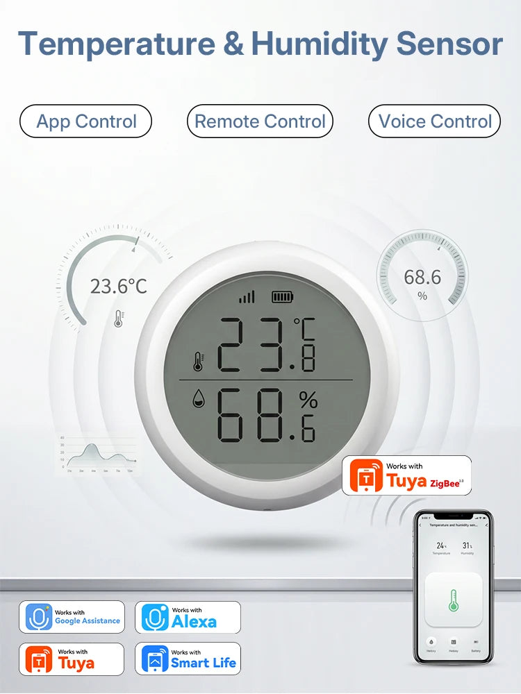 Wireless Temperature Humidity Sensor Indoor Compatible with Tuya Smart Life App ZigBee Alexa/Google Home for Baby Room Cellar