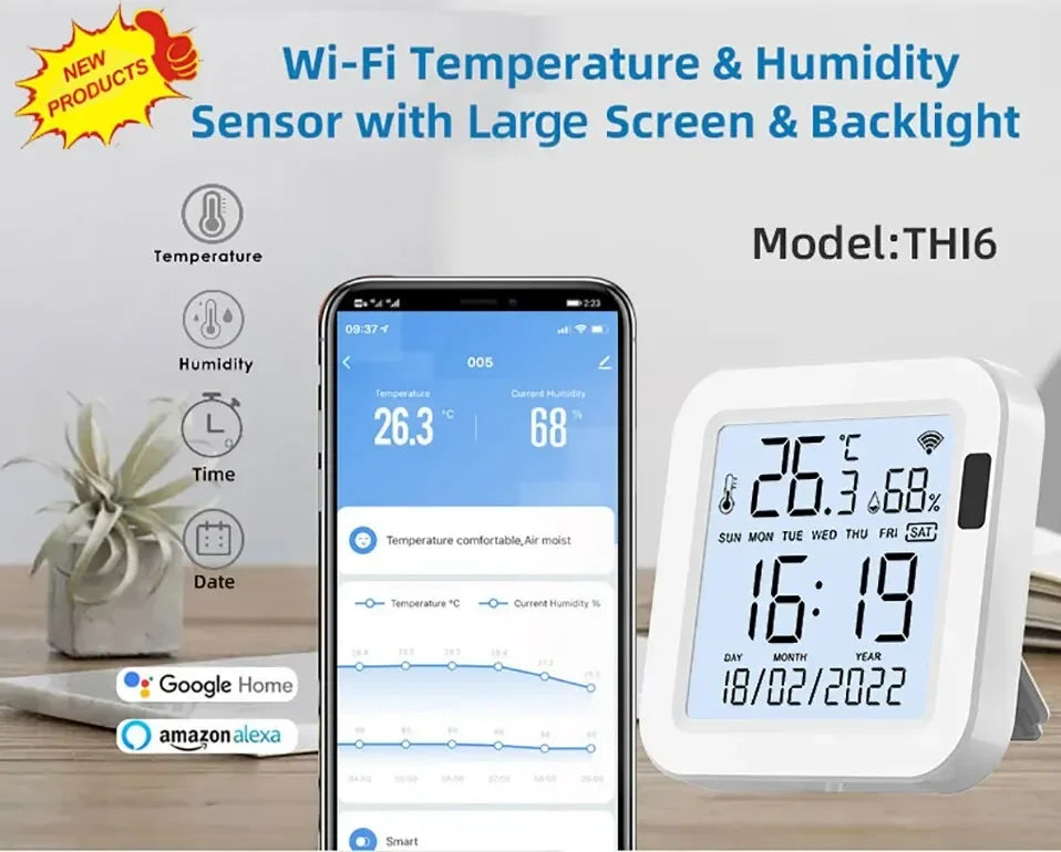 Tuya WiFi Temperature Humidity Smart Sensor With Backlight for Smart Home Var SmartLife Work with Alexa Google Assistant - Shoppiline