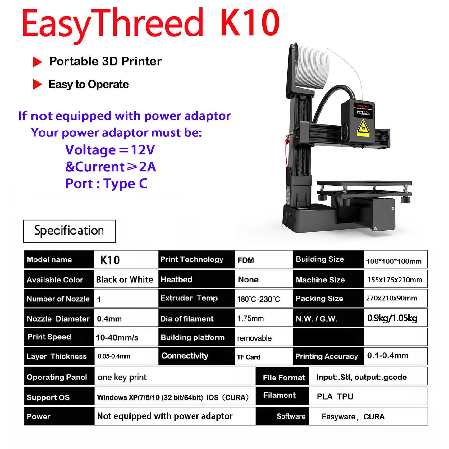 EasyThreed 3D Printer  Entry Level  Compatible with PLA TPU 1.75mm Filament  include Power Adaptor. - Shoppiline