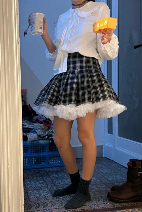 Lowest Pirce Womens 2-Layered Pleated Tulle Petticoat White Black Tutu Puffy Party Cosplay Skirt Lolita Cosplay Bridal Crinoline