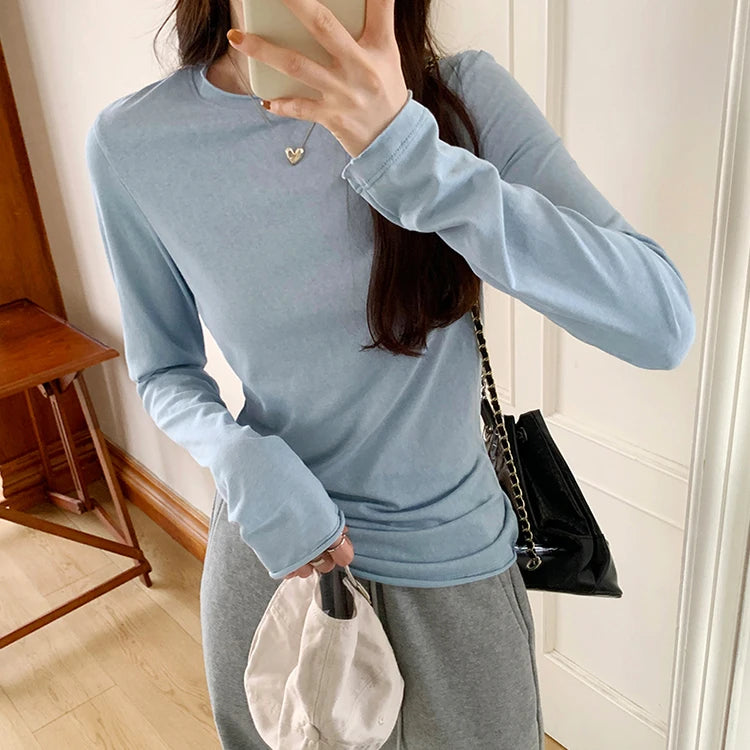 Spring Autumn T shirt Women Tops Solid Long Sleeve Ruched O Neck Tshirts Female Korean Casual Streetwear High Quality Base Tees