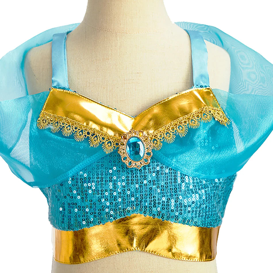Kinder Arabische Prinzessin Kleid Mädchen Halloween Jasmin Kostüm Kinder Karneval Cosplay Party Verkleidung Mädchen Pailletten Festzug Outfit
