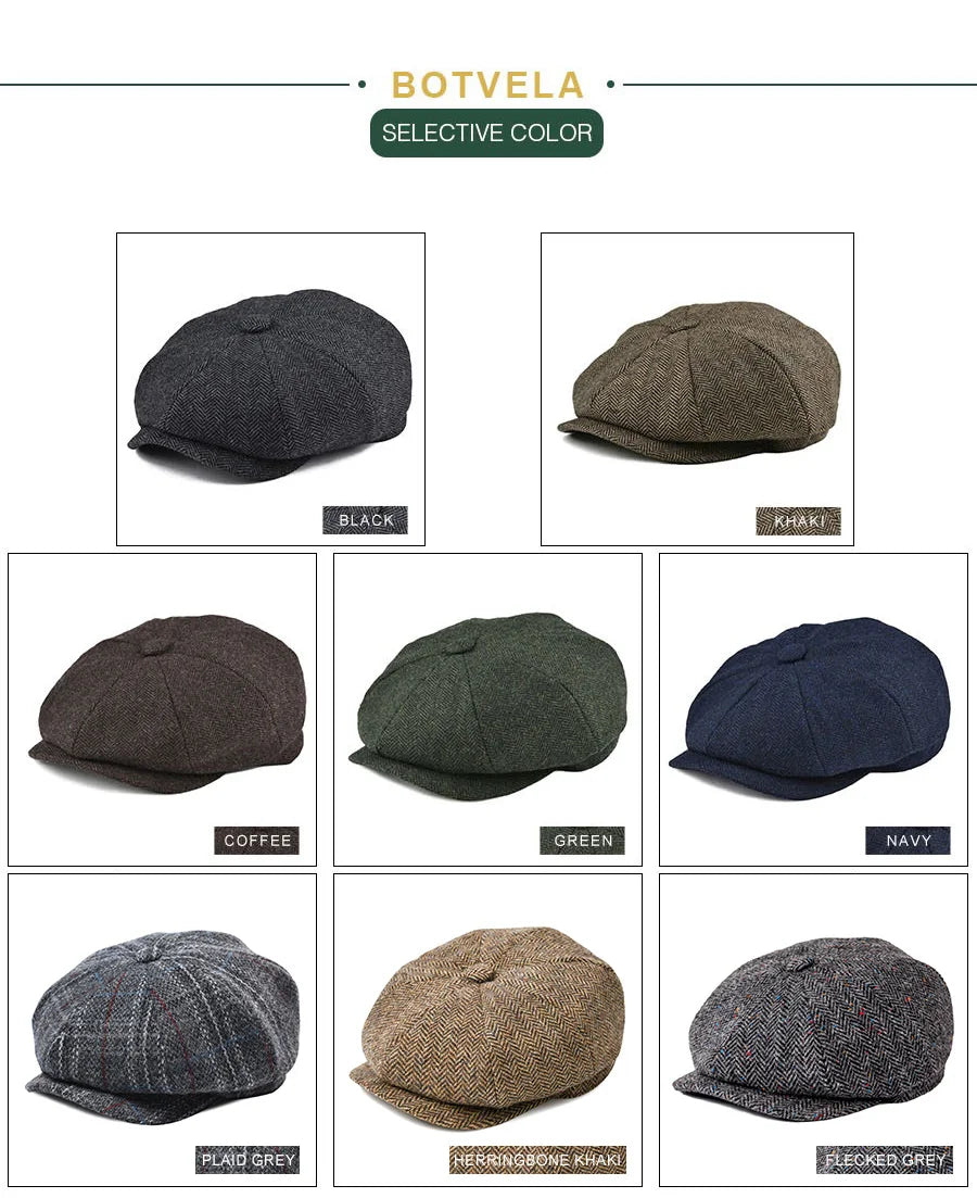 BOTVELA Wool Tweed Newsboy Cap Herringbone Men British Gatsby Retro Hat Driver Flat Cap for Male Vintage Herringbone Beret