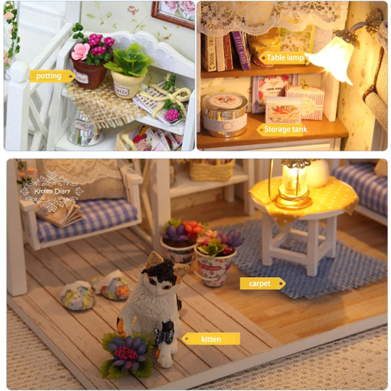 Kitten Mini Doll House 3D Puzzle Assembly Model Building Kit Creative Room Bedroom Decoration With Furniture Wooden Crafts Gifts - Shoppiline