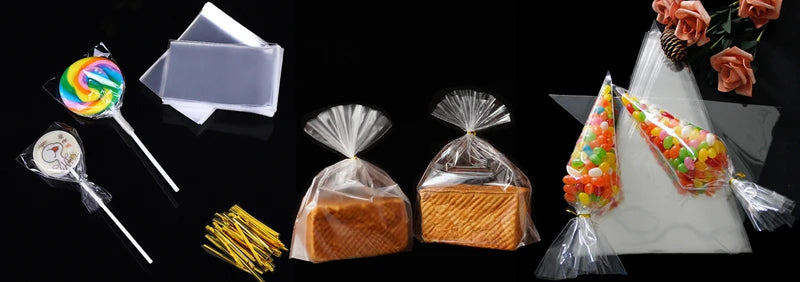 TETP 100Pcs Clear Self-Adhesive Resealable Waterproof OPP Plastic Bags 5Wires per Bag for Gift Food Candy Packaging Cellophane S