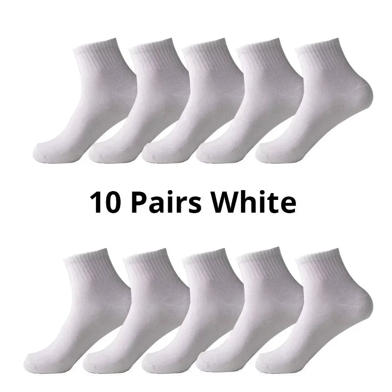 10 Pairs Men‘s Solid Color Mid-Calf Socks Breathable Comfort Sports Casual Work Socks White Black All Seasons EU 37-44 US 6-12