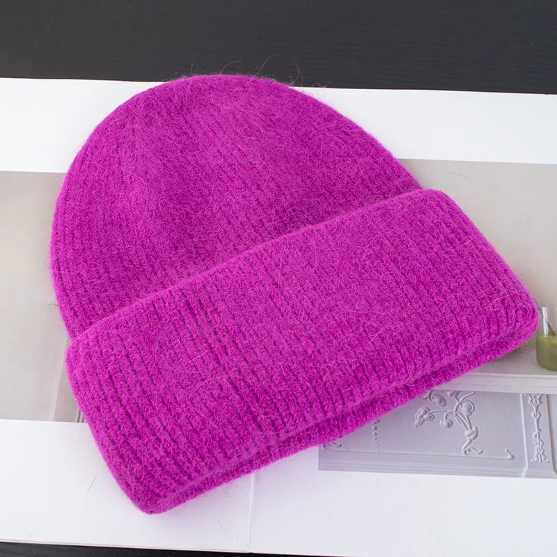 Bonnets d'hiver pour femmes en fourrure de lapin tricotés, bonnets épais à revers, bonnets amples et doux pour le ski.
