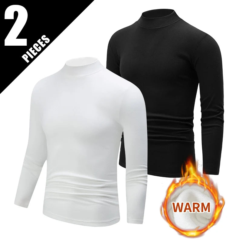 1/2piece Autumn And Winter Men's Semi High Neck Fashionable Base Long Sleeved Top Solid Color Casual Sports Fitness Warm T-shirt