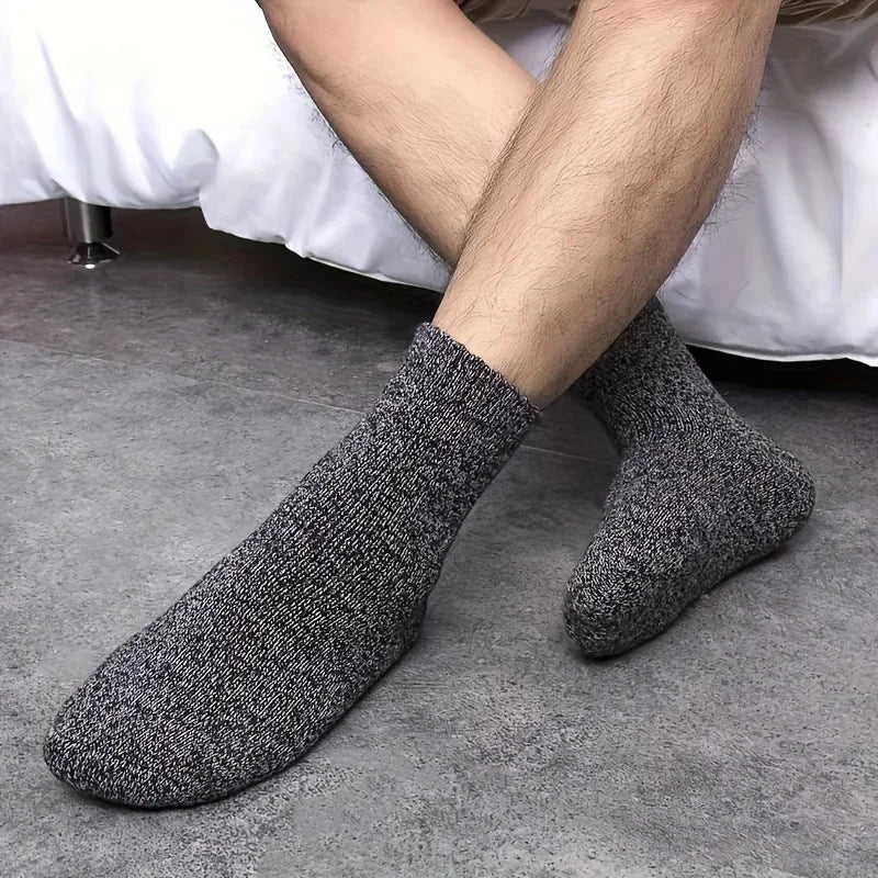 3/5 Pairs Men's Warm Socks, Thick Towel Mid-Calf Socks, Anti-Cold Snow Boots Socks Elastic Solid Color