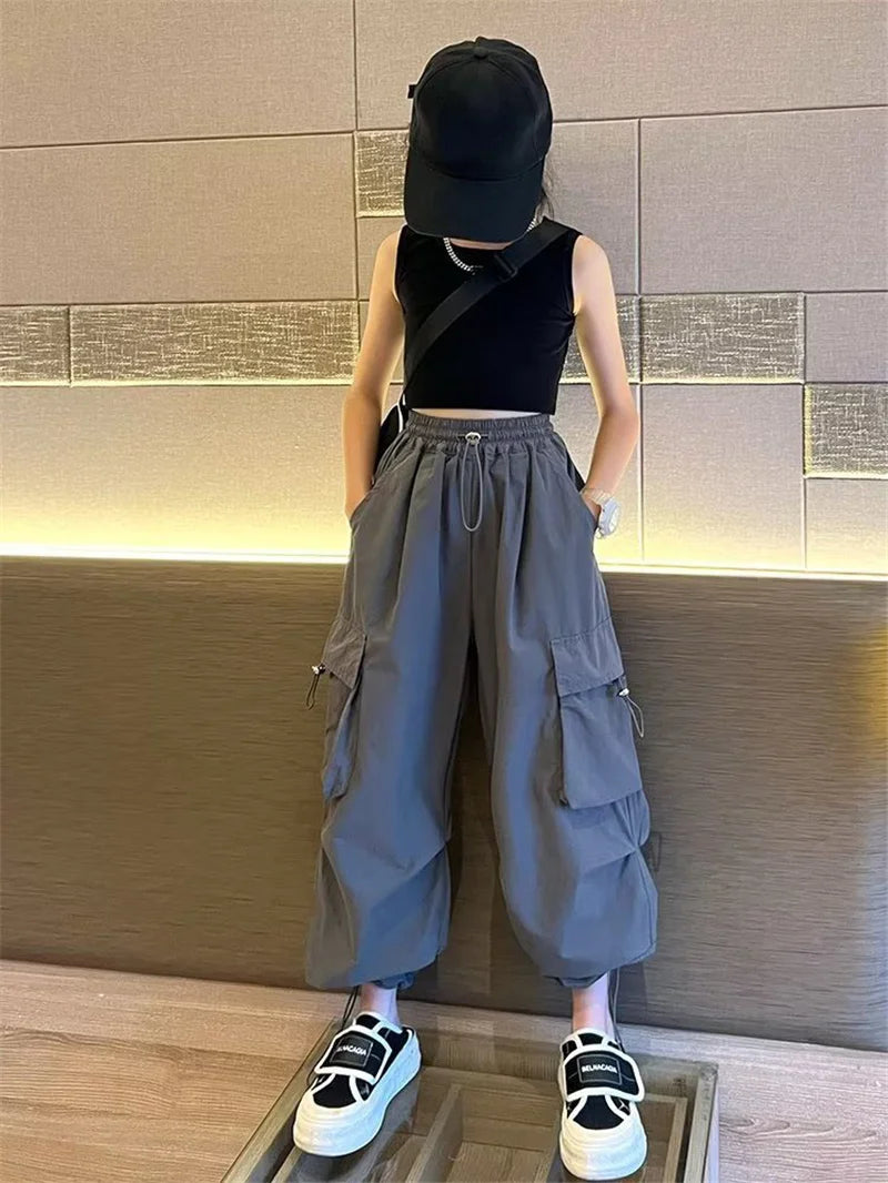 Girls Loose Joggers Pants Teen Casual Straight Cargo Trousers Fashion Children Pockets Design Streetwear Big Kids Pants 5-14 Yea