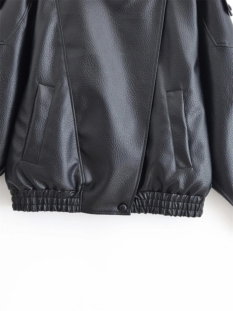 Women's Jacket 2026 Autunm  New Black Long Sleeve Pebble Faux Leather Jacket Motorcycle Style Personality Fashion