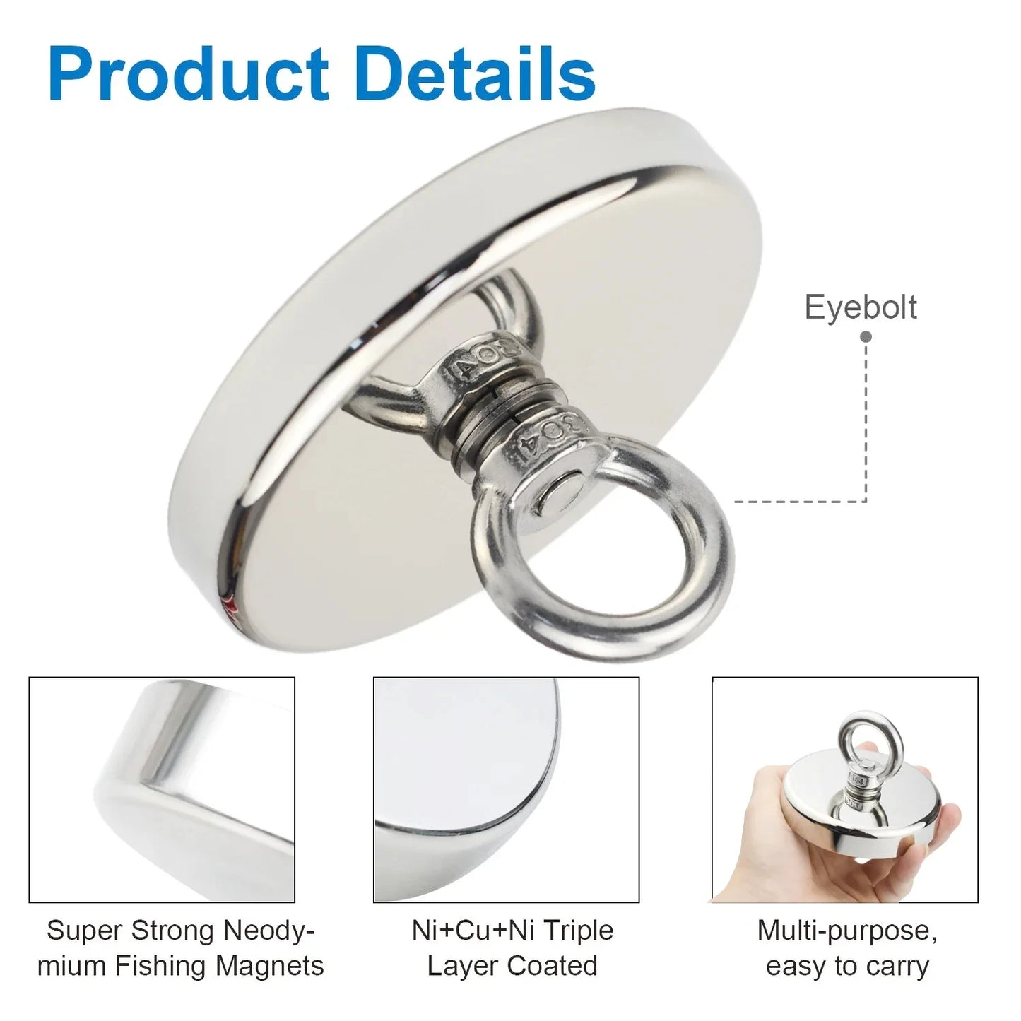 Super Strong Suction Salvage Helper, Made of N52 Heavy Rare Earth Material, with Countersunk Hole and Eyebolt Suction metal