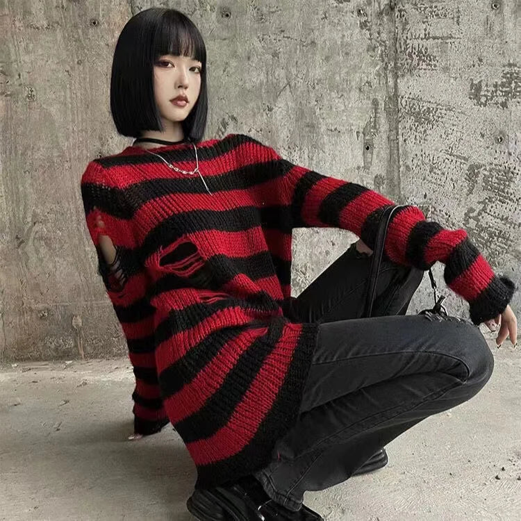 Nouveau Pull Long Unisexe Punk Gothique Été Femme Rayé Cool Creux Trou Cassé Pull Ample Rock Fin Sombre Streetwear Top