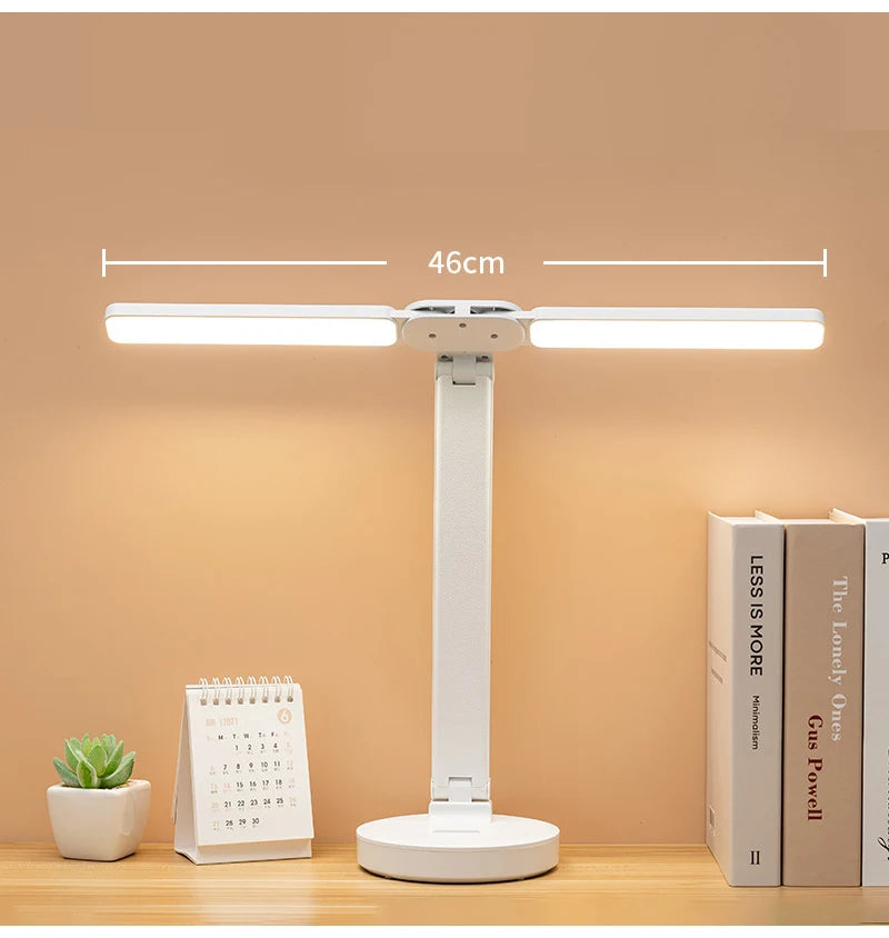 LED Table Lamp Double-Headed USB Chargeable Dimmable Desk Lamp with Calendar Clock Foldable Eye Protection Reading Night Light