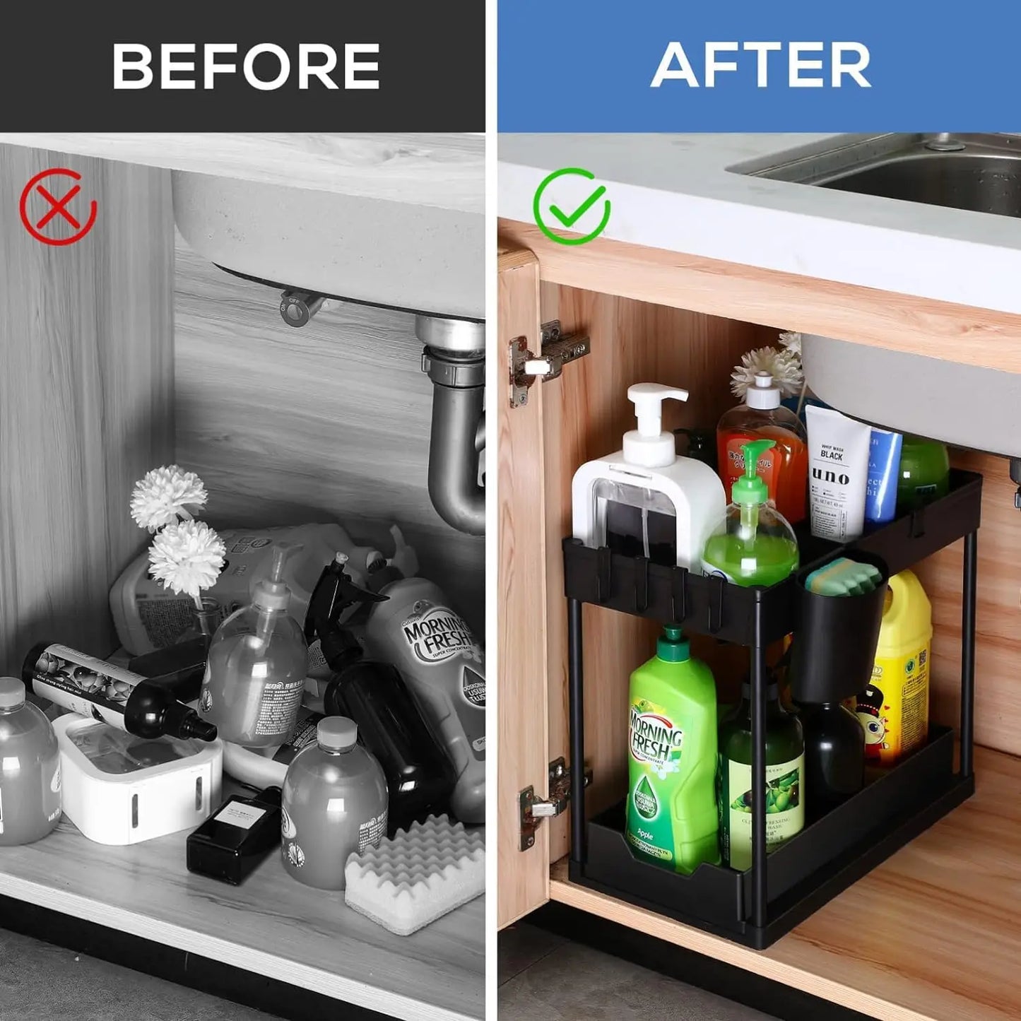 Under Sink Organizers 2 Tier Under Bathroom Cabinet Holder with Hooks & Hanging Cup, Multi-Purpose Storage Shelf for  Kitchen - Shoppiline