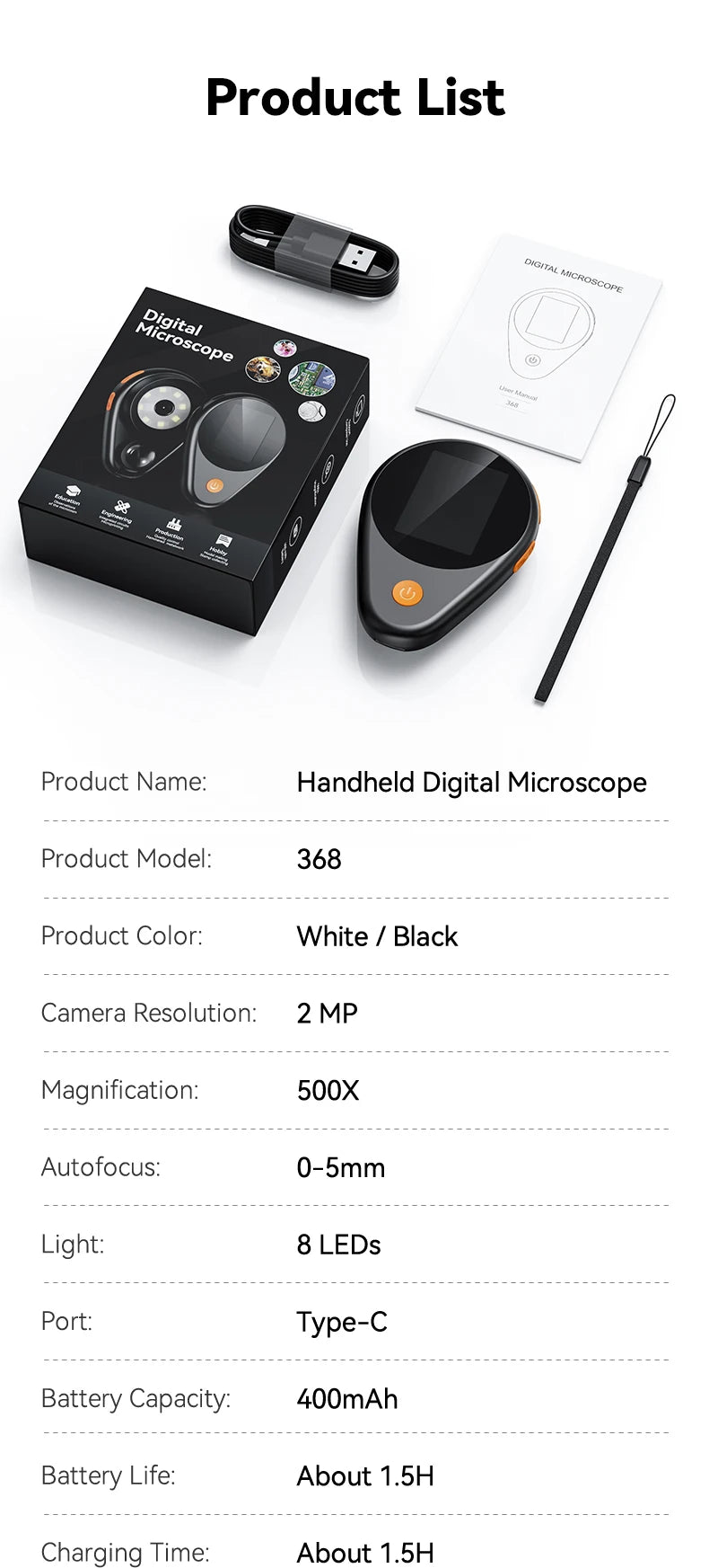 2.0inch 500X Digital Microscope 1080P Video Coin Microscopio with Magnifying Glass Wiht 8Leds for Electronics Repair Windows/Mac - Shoppiline