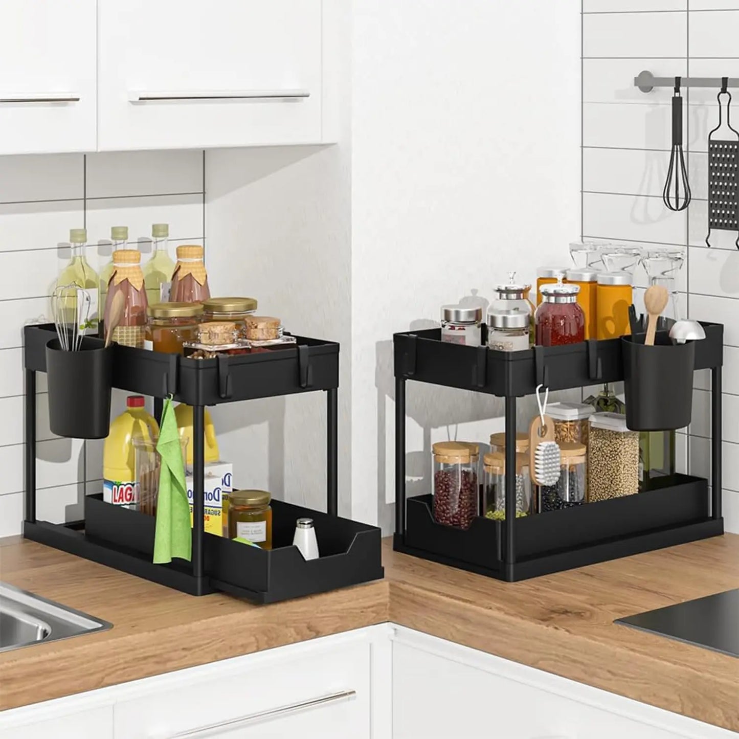 Under Sink Organizers 2 Tier Under Bathroom Cabinet Holder with Hooks & Hanging Cup, Multi-Purpose Storage Shelf for  Kitchen - Shoppiline