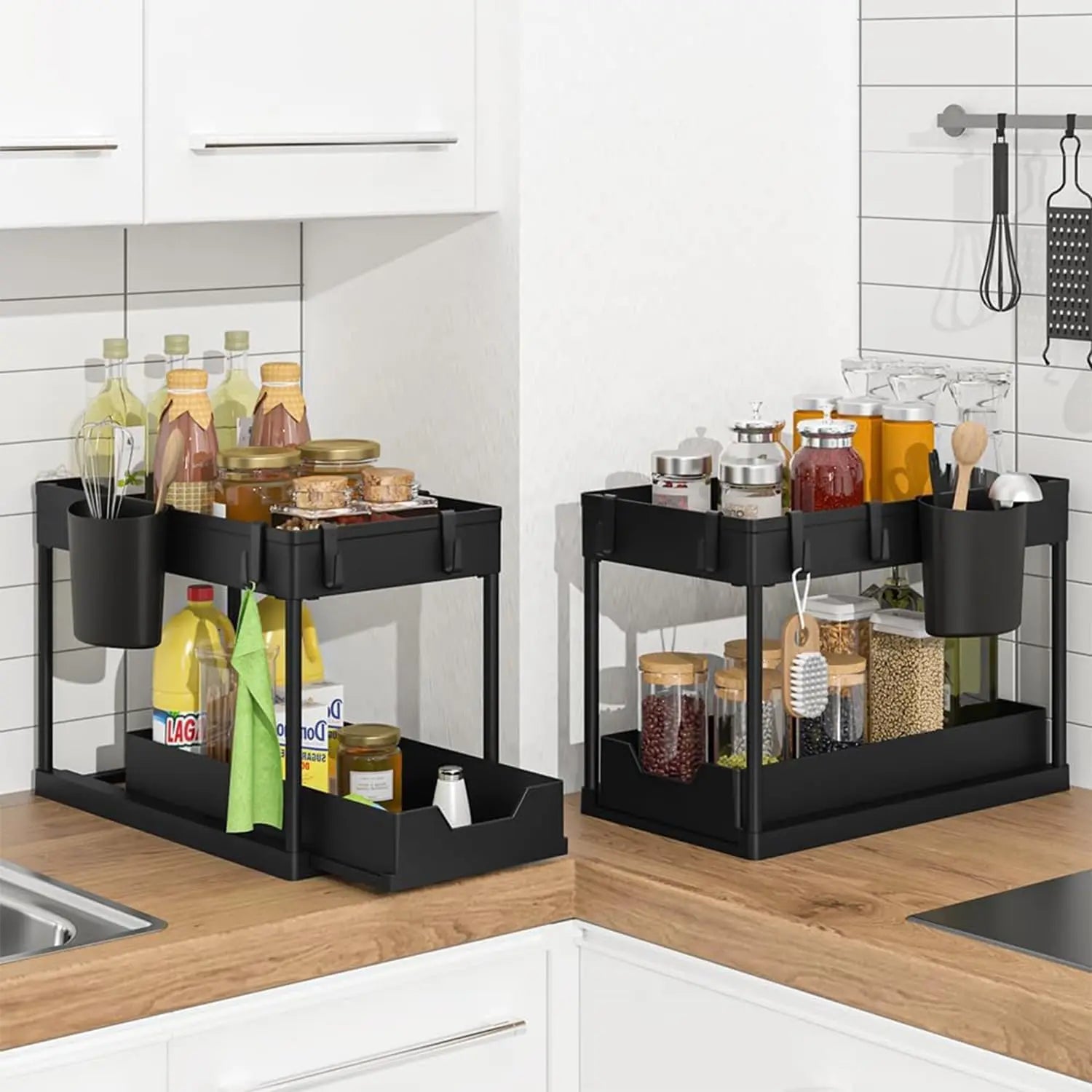 Under Sink Organizers 2 Tier Under Bathroom Cabinet Holder with Hooks & Hanging Cup, Multi-Purpose Storage Shelf for  Kitchen - Shoppiline