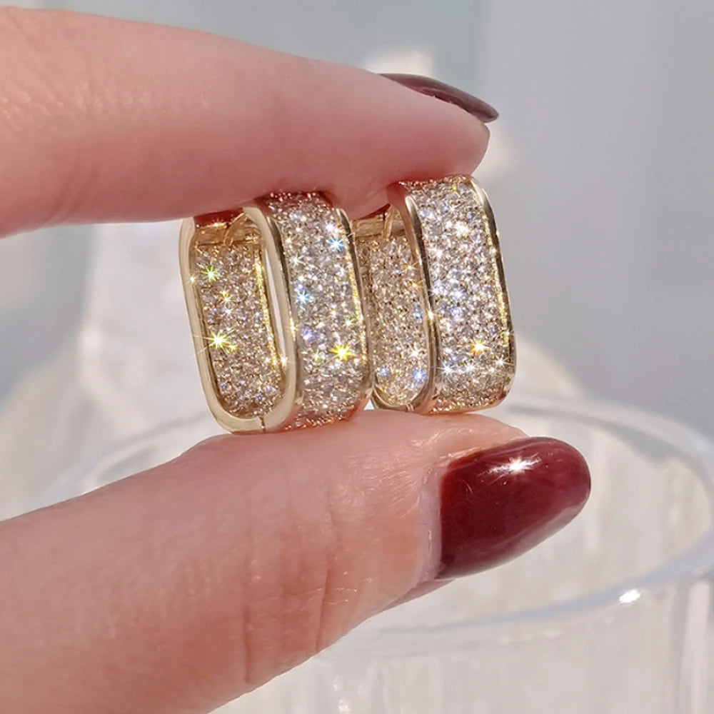 Huitan Korean Fashion Paved CZ Hoop Earrings for Women Metal Silver Color/Gold Color Simple Versatile Earrings Hot Jewelry
