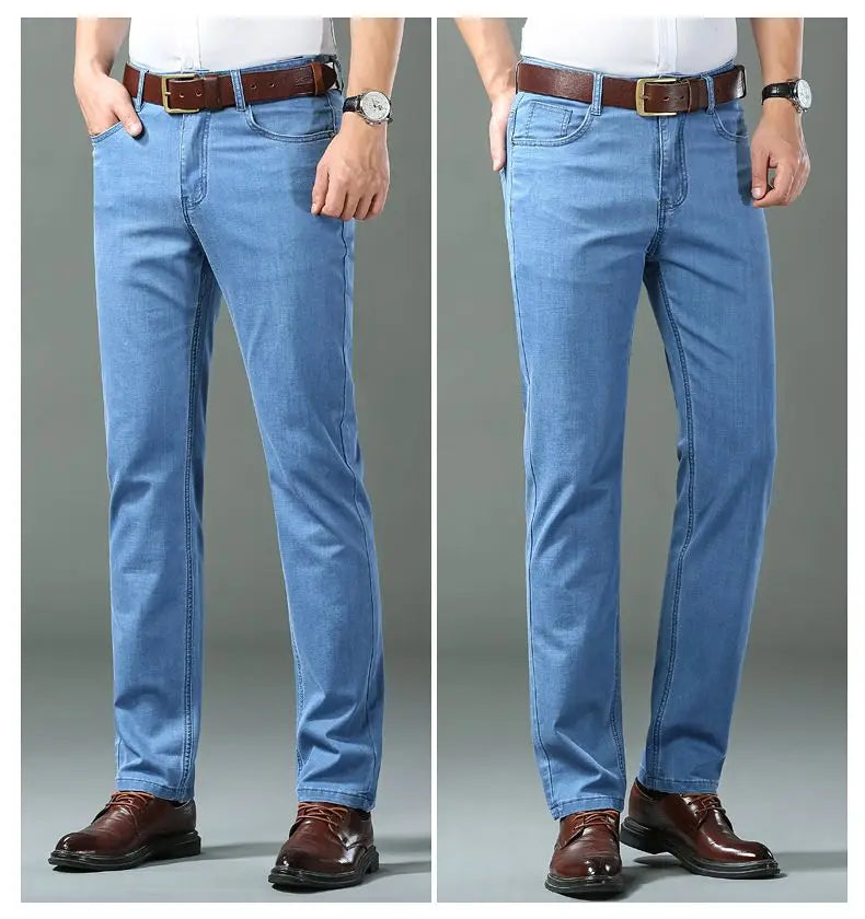 Summer Thin Classic Style Men Brand Jeans Business Casual Stretch Straight Denim Pants Light Blue Black Trousers Male - Shoppiline