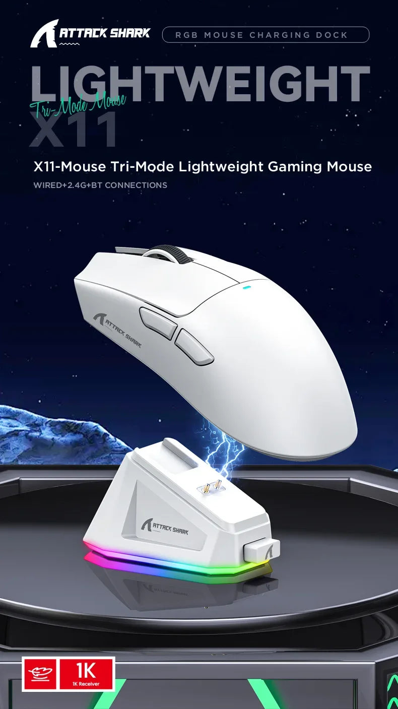 Attack Shark X11 Wireless Bluetooth Triple Mode Mouse Touch Screen Magnetic Charging Dock Ultra Light Macro Gaming Mouse
