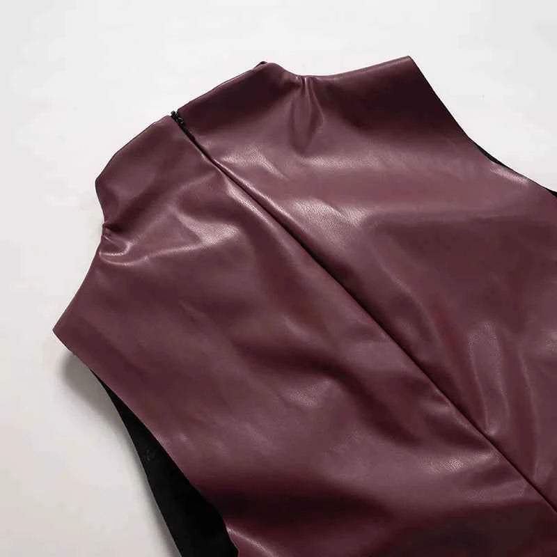 Burgundy Leather Tops Women Fashion Ruched Bodycon Crop Top Summer Sexy Sleeveless Irregular Night Club Party Tanks 2024 Black