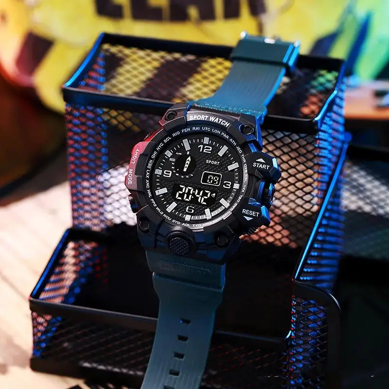 Mode Herrenuhr Sportliche elektronische Armbanduhr Großes Zifferblatt Multifunktional Wasserdicht Leuchtend Alarm Kinder Militäruhr für Herren