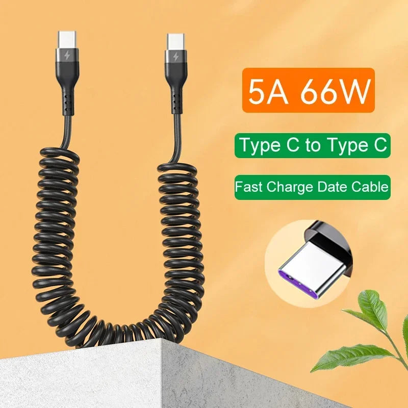 Fast Charging Type C to Type C Spring Telescopic Cable For iPhone 15 14 Samsung Xiaomi OnePlusCar USB Type C 66W & LIGHTNING PD