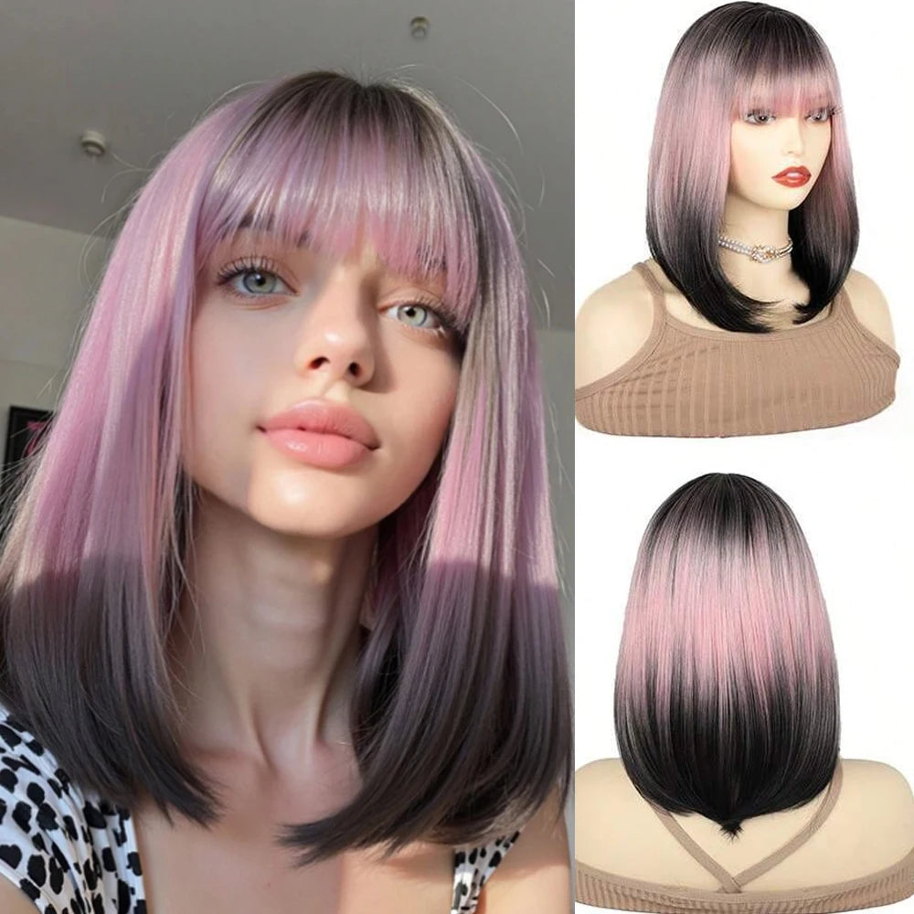 Ombre Pink Black Wigs For Women with Bangs Cosplay Colorful Wigs Synthetic Layered Hair Wigs For Daily Party/Halloween Use
