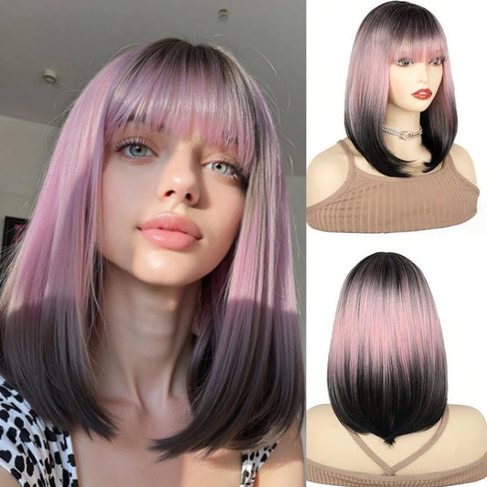 Ombre Pink Black Wigs For Women with Bangs Cosplay Colorful Wigs Synthetic Layered Hair Wigs For Daily Party/Halloween Use