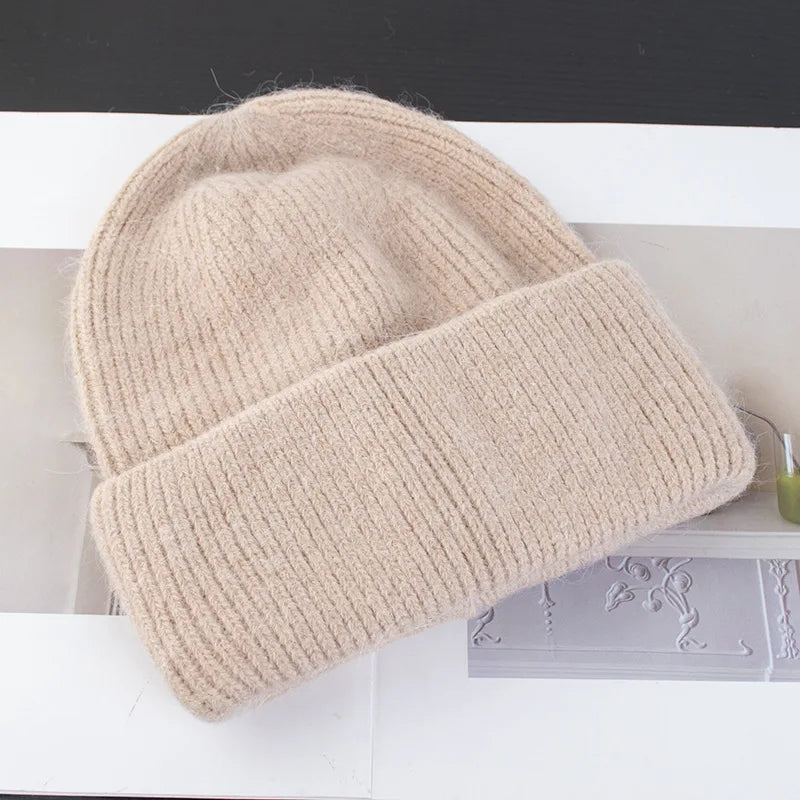 Bonnets d'hiver pour femmes en fourrure de lapin tricotés, bonnets épais à revers, bonnets amples et doux pour le ski.