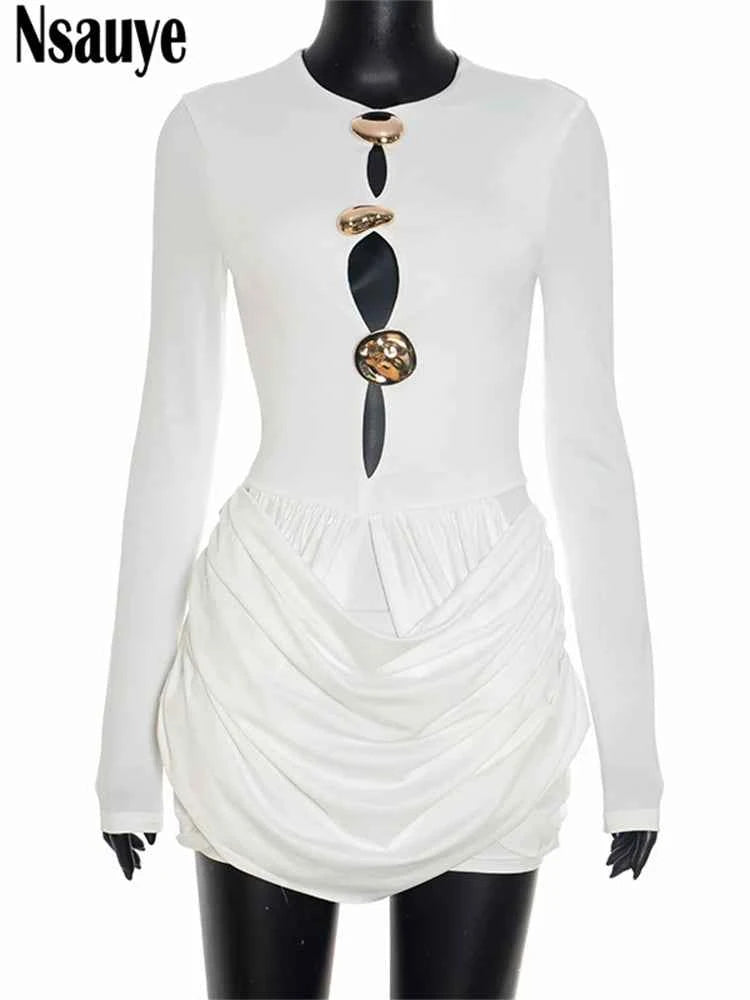 Nsauye Autumn Winter Women 2025 Sexy Night Club Mini Wrap Hollow Out Party Dress Fashion Elegant Evening Short Dress Long Sleeve