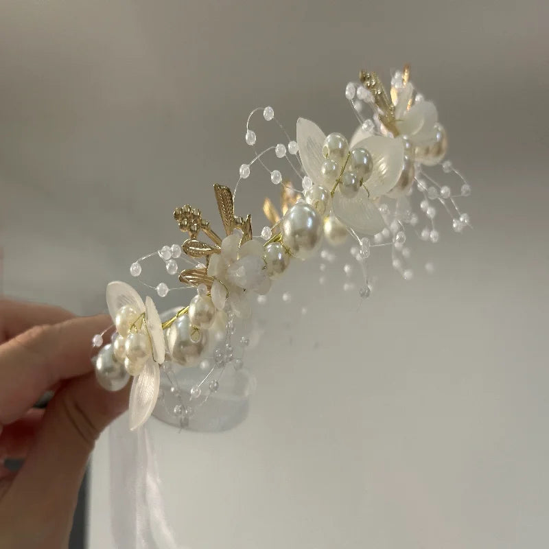 Wedding Accessory Bride Crown Hair Crystal Jewelry Tiara With Pearls Flowers Wedding Crown Floral Pearl Bridal Headband