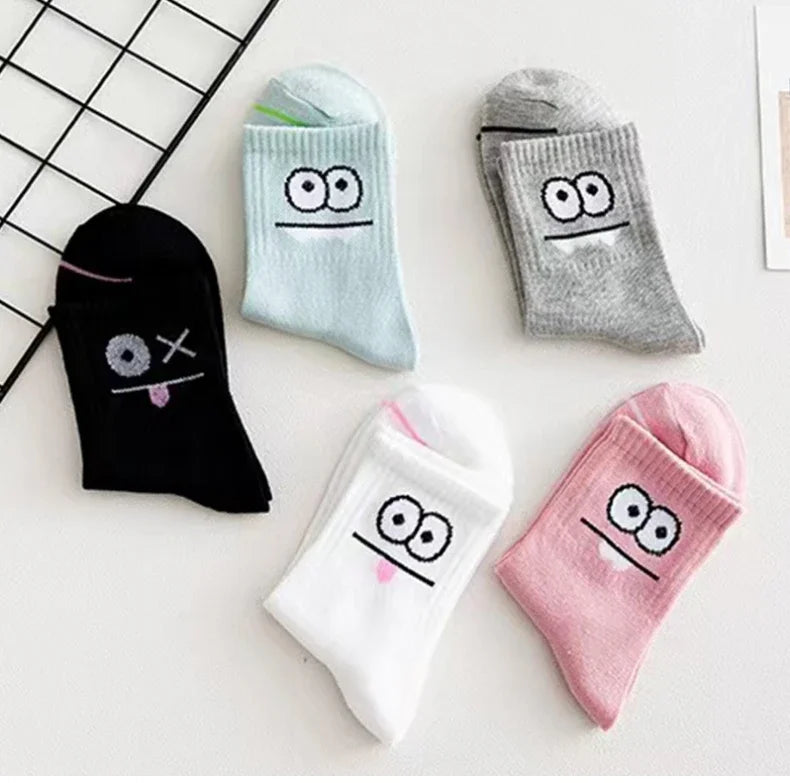 5 Pairs Cute Expression Print Socks – Comfy Funny Mid-Calf Crew Socks, All-Match Women’s Cotton Rich Casual Socks