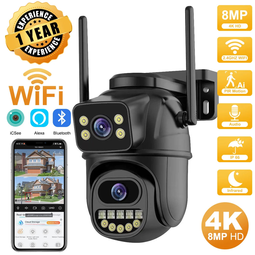 4K 8MP HD Wifi PTZ Camera Outdoor 4MP Dual Lens Dual Screen AI Auto Tracking IP Camera CCTV Audio Video Surveillance P2P iCSee - Shoppiline