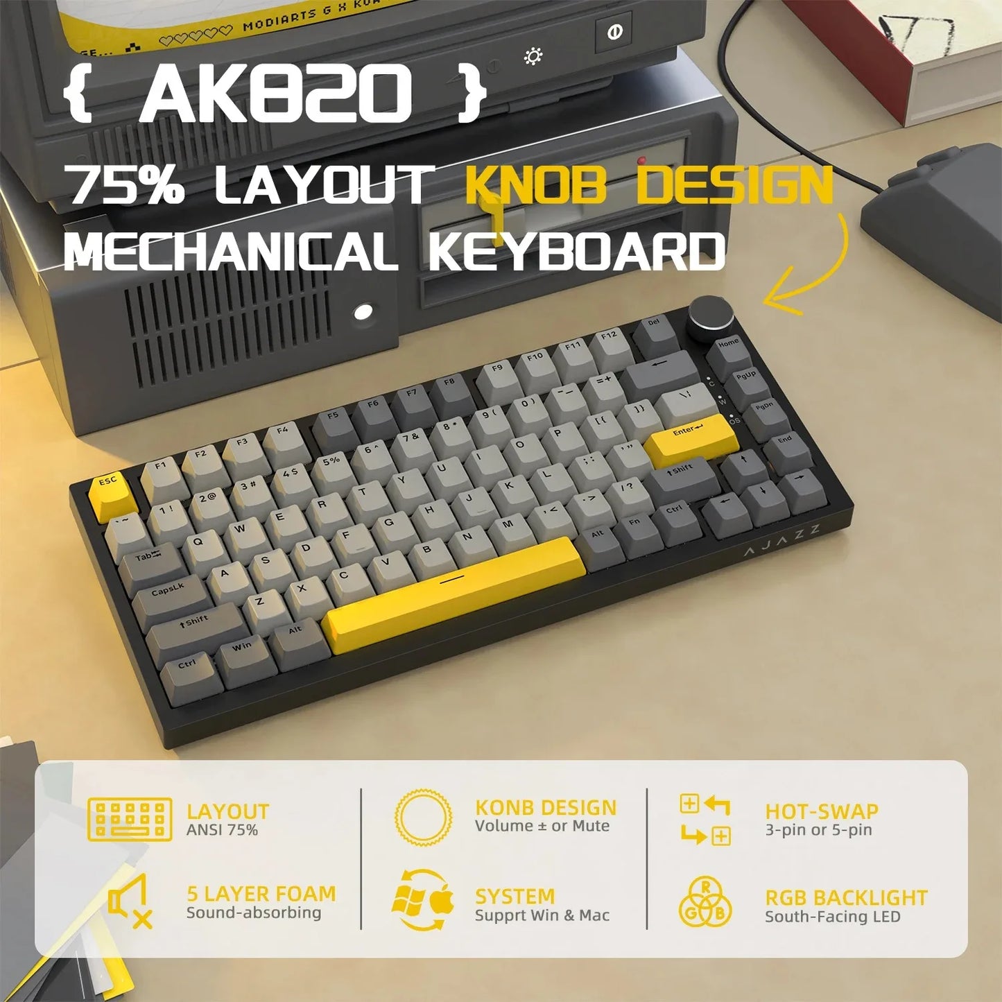 AJAZZ AK820/AK820 Pro Mechanical Gaming Keyboard Tri-Mode Bluetooth 5.1 Wireless Wired Knob Hot Swap Gasket Custom Keyboard