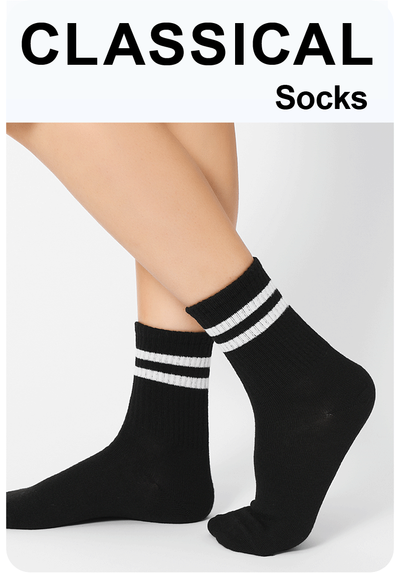 Lot de 6 paires de chaussettes hautes mi-mollet pour femme, noir et blanc pur, avec rayures parallèles, populaires et absorbantes.