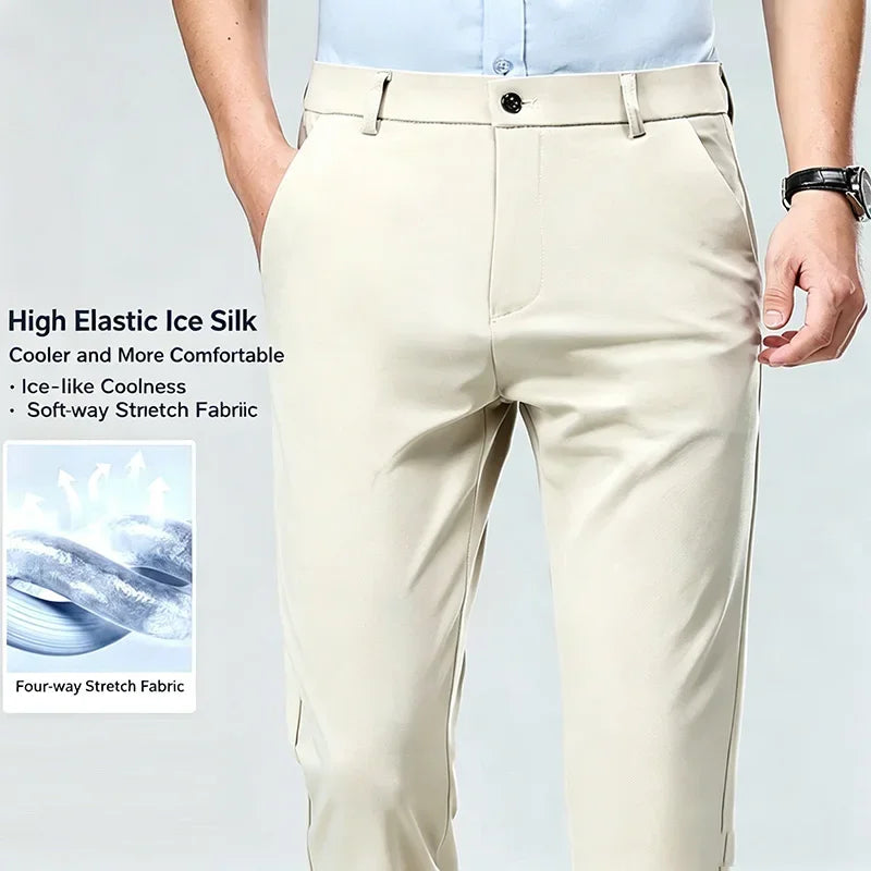 Mens Summer Stretch Straight Leg Business Dress Pants Breathable High Drape Trousers for Business Events